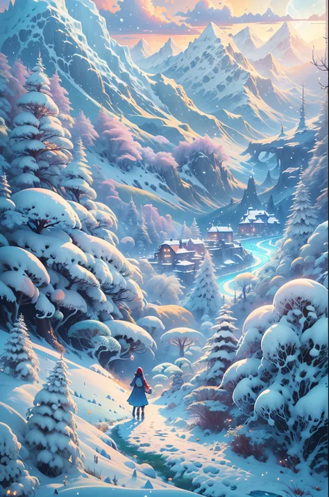 (Best quality at best, 8K, A high resolution, tmasterpiece:1.2), ultra - detailed, (actual, realistically, realistically:1.37), Vibrant colors, magical ambiance, Whimsical, ((pure、White snow，Like the elves dancing between heaven and earth；The shining light...