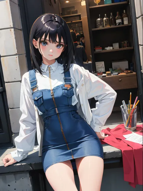 (child)，（​masterpiece，Highest Quality），（denim zip up dress:1.4），pencil skirts，shortsleeves，A dark-haired，outside of house