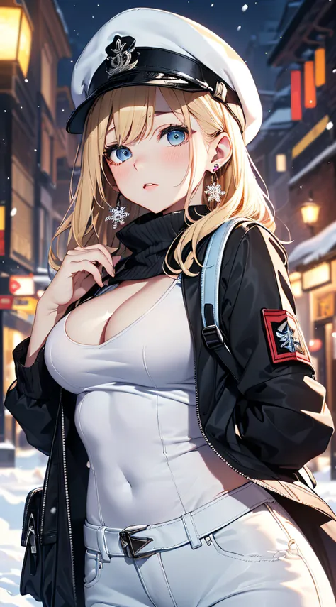 top-quality、Top image quality、​masterpiece、girl with((Black jacket、Blue tank top、White trousers、sixteen years old、teen ager、cute little、Best Bust、big bast,Beautiful light blue eyes、Breasts wide open, a blond、A slender,Large valleys、belligerent movements,mi...