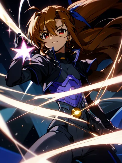 (Dark skin otokonoko), cute,(1 boy) very long dark brown hair, red eyes, (flat chested) wearing (Magical Girl Lyrical Nanoha StrikerS: Vivio Takamachi black barrier jacket black armoured bodysuit), black gauntlets, cute smile, close up, Magic crystal, blue...