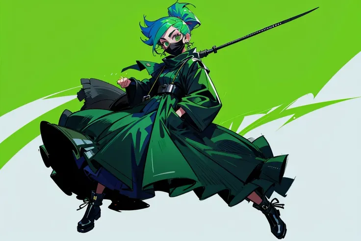 A girl wearing a bank robber style outfit wearing a black poncho with a touch of emerald green wacky hair wearing a black mask with pockets all over the outfit. A full length criminal holding a whip., facing the camera, high character concept art