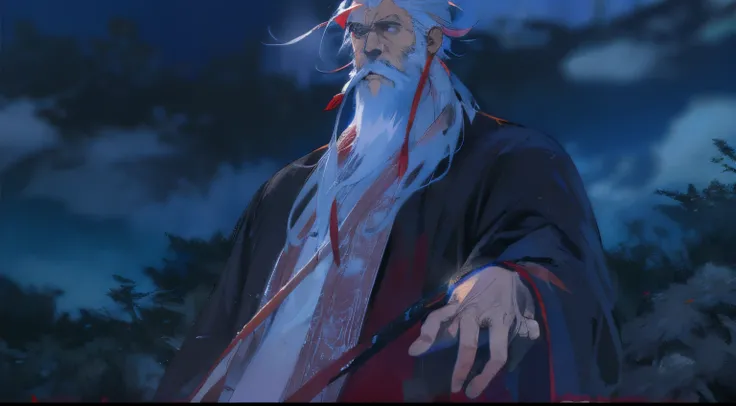 Close-up of a man with a long white beard. There is a red heart tree next to Yuelao red clothes and white hair. Ultra-clear