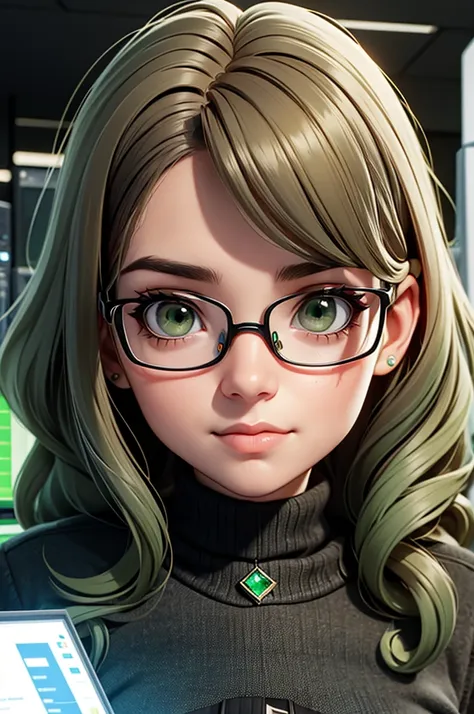 A 25-year-old woman, systems analyst with short wavy brown hair, diamond face, and moss green eyes, wearing glasses, in a room with a computer, a hacker