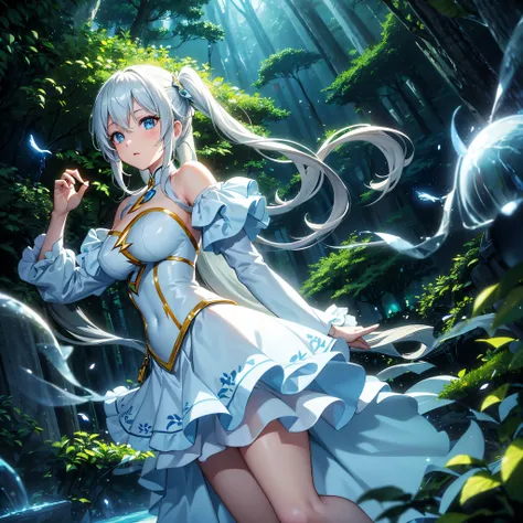 ((ultra-detailliert)), ((Best Illustration)), ((Movie Lighting)), Dynamic Angle, floating, Fine, (The Flash: 1.2), (shine: 1.2), (shine: 1.2), "(Best Quality), Super detailed depiction of a beautiful girl, White and yellow costume、Light blue long hair、Hair...