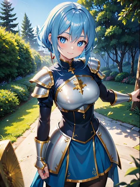 (RAW Photos, Best Quality), (animesque: 1.2), Portrait of an 18 year old woman with blue hair, Blue eyes, (sparkling pupils), Female Knights in Fantasy Worlds, red breastplate mail, yellow dress armor, Smiling smile, forested background, Background blur, T...