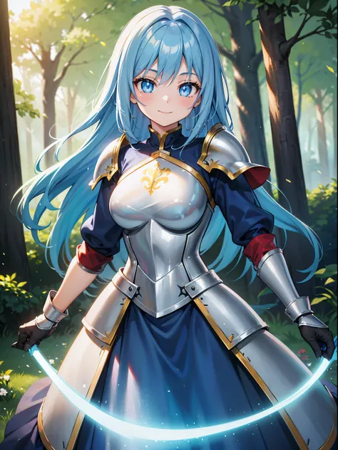 (RAW Photos, Best Quality), (animesque: 1.2), Portrait of an 18 year old woman with blue hair, Blue eyes, (sparkling pupils), Female Knights in Fantasy Worlds, red breastplate mail, yellow dress armor, Smiling smile, forested background, Background blur, T...