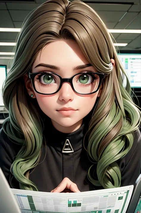 A 25-year-old woman, systems analyst with short wavy brown hair, diamond face, and moss green eyes, wearing glasses, in a room with a computer, a hacker