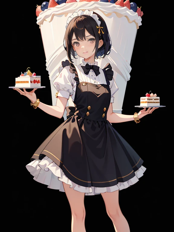 1girl in、A smile、A delightful、skirt by the、(small tits) chilarism、doress、aprons, maid, brunette color hair、hair adornments、sport、Black stockings，detailed pouty cute lips, gold detail chain, wearing a detailed cute striped pink white and brown pastel color ...