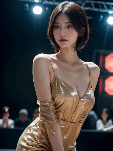 Spotlights on stage、actress in a luxurious dress、top-quality、hyper HD、奈良美智, Japanese Models, Beautiful Japanese wife with short hair, 27-year-old female model, 4 k ], 4K], 27yo, sakimichan, sakimichan