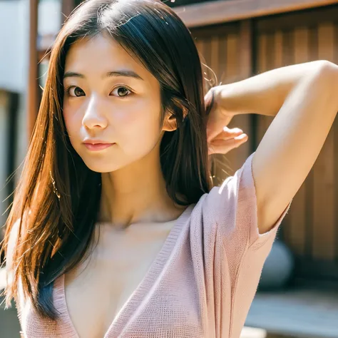 Japanese lady, cute face, random facial expression, posing to viewer, in Kyoto, random background, long hair, skinny figure, emphasize very small breasts, emphasize very skinny waist, lovely body line, wearing a tight knit dress with random design