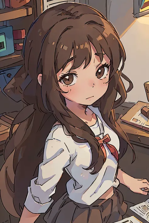 Create an anime-style image of a 15-year-old girl with long brown hair and brown eyes. Smart and mischievous.