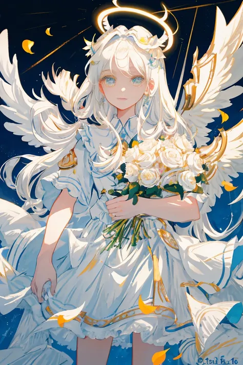 Masterpiece, Superb Piece, Ultra meticulous, illustartion, a closeup of a, Direct vision, facial focus, 1girl, white colored hair, light eyes, Long hair, Halo, angel wings, calm expression on his face, looking at the audience, (noelle: 1.4), rose petals, m...