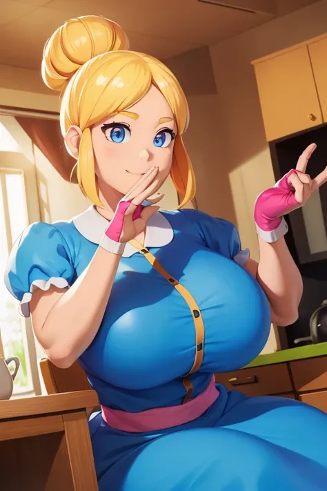 独奏, a 1girl, Piper, ssmile, (gigantic breasts), (hand on cheek:1.2), blonde woman, hair bun, blue dress, puffy short sleeves, pink fingerless gloves, kitchen, ceiling, Lying, BREAK (Masterpiece:1.2), Best Quality, High Resolution, Unity 8k壁纸, (illustartion...