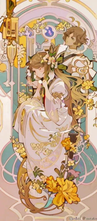 a painting of a woman sitting on a chair with flowers, anime art nouveau, alphonse mucha and rossdraws, alphonse mucha style, korean art nouveau anime, flat shading mucha, in style of alphonse mucha, demura and alphonse mucha, anime art nouveau cosmic disp...