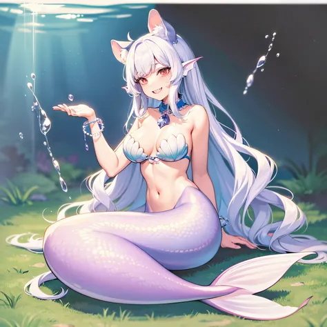 Pretty anthropomorphic mouse girl magically transformed into a mermaid, fantasy, race swap, sharp teeth, is smiling, drawn in anime style, fishlike, very long curly white hair, red eyes, white fur, slim body, whiskers, mouse ears, long mermaid tail below w...