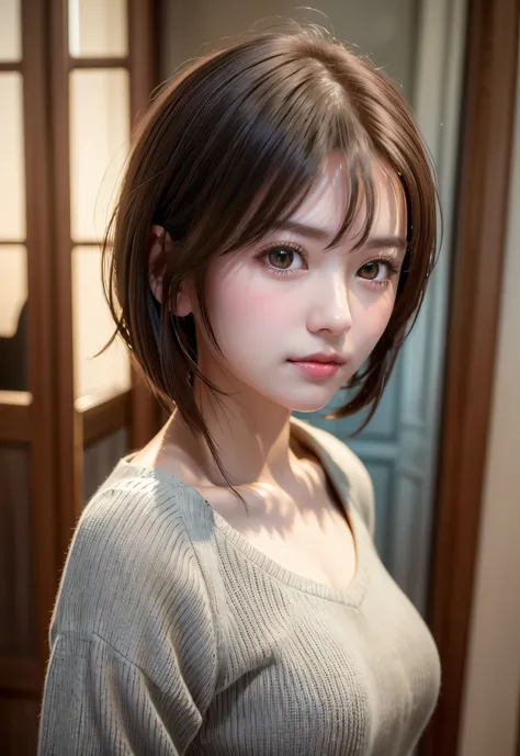 Summer knit with short hair and white, summer knit, Short hair, short hair with bangs, Cute face girl, Cute little face in portrait, French Bob, pale fair skin!!, short brown haired, soft portrait shot 8 k, beatiful lights, Beautiful young girl, Young girl...