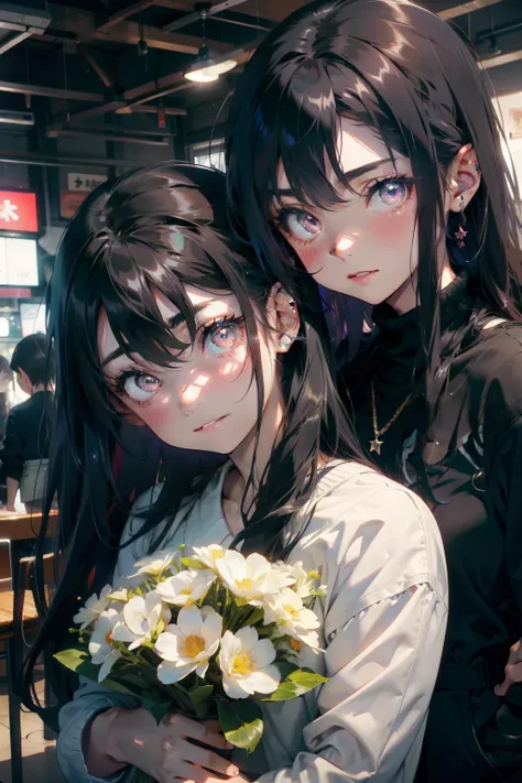 Two girls hugging each other, One has long black hair......., Purple eyes..., The other has long ash-gray hair......., Green eyes..., High quality, a couple , Girls love girls............., Yuri ,beautiful  Girl, lesbian, Lovers ,. Koi., . expression of lo...