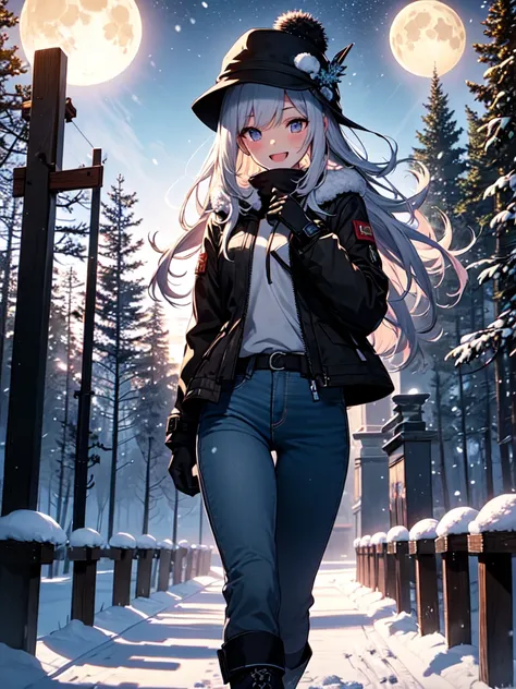 Masterpiece, ultra-detailed, best quality, best shadowing, 4k resolution, dynamic light, highres, nature focus, sky focus, girl focus, night theme, snow theme, snow biomes, anime style, winter, forest, spruce forest, spruce trees, trees, a lot trees, 1girl...