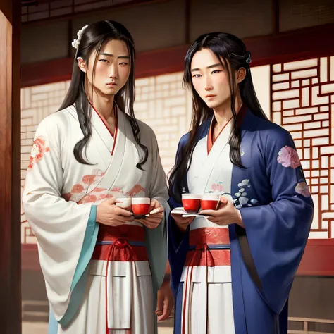 Men in ancient China　The long-haired　twinks　Blue eyes　No whiskers　White kimono