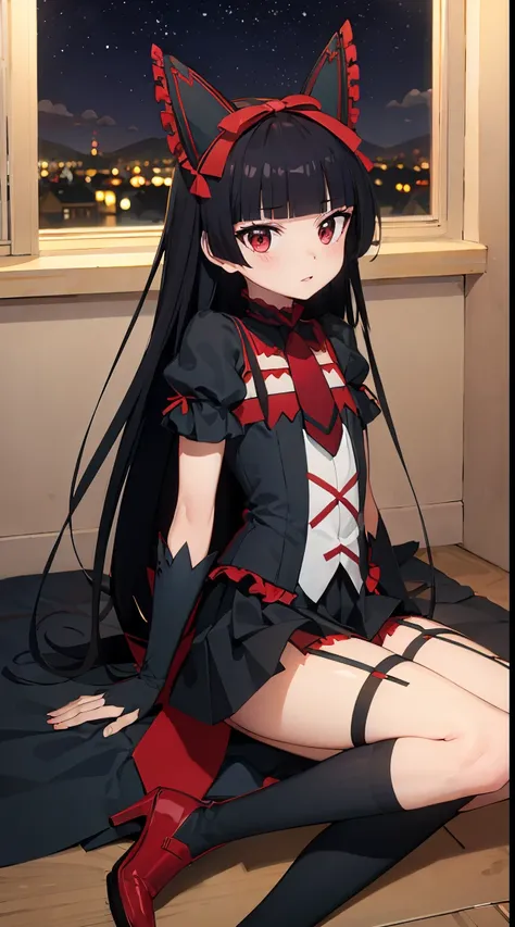 rory mercury, rory mercury, black  hair, blunt bangs, hime cut, hair ornament, red lipstick, hairlong, cute face, makeup, (small...