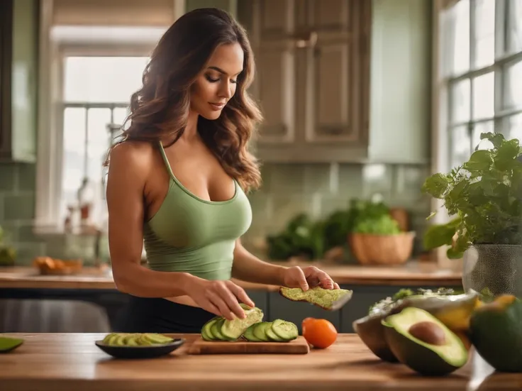 A female wearing a halter top and yoga pants, toned body, making Avocado Toast in her home kitchen