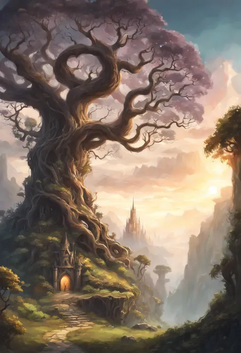 Positive prompt:
Generate a breathtakingly ethereal fantasy concept art featuring the depths of an ancient gnarled tree, with its twisted branches reaching out to embrace a magnificent celestial enchanted fairy castle nestled amongst them, dim eerie light ...