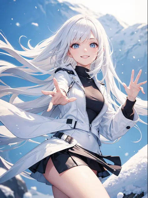 master piece,best quality, Solo woman, cute, dynamic pose, white leather jacket, T-shirt, white tight skirt, shy smile, white hair, long hair, waving in a strong wind hair, snow background