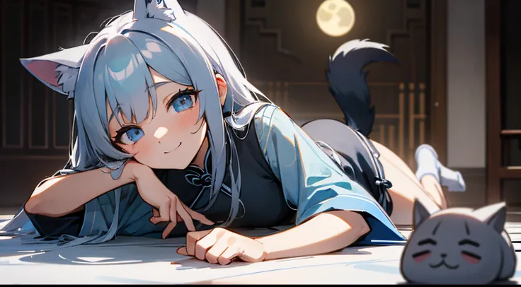 –AR 16:9、wall-paper、all fours、　lying、lying back on、girl with、an animated character、cute little、Light blue eyes、Canine ears、Tare ears、Gray hair、Twin-tailed、length hair、qipao、chipao、Suspicious smile、A charming smile、Suspicious atmosphere、Best Quality、a room、...