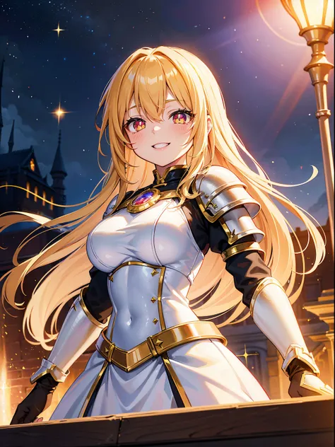 (RAW Photos, Best Quality), (animesque: 1.2), Portrait of an 18 year old woman with golden hair, Red eyes, (sparkling pupils), Female Knights in Fantasy Worlds, black breastplate mail, White Dress Armor, Smiling smile, fantasy castle town background, Profe...