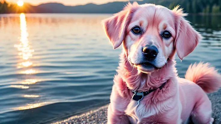 Close-up photo of a very cute pink dog on the lake, pink, soft volumetric lighting, (backlight: 1.3), (video: 1.2), intricate detail, (ArtStation: 1.3), rutkowski, smile,