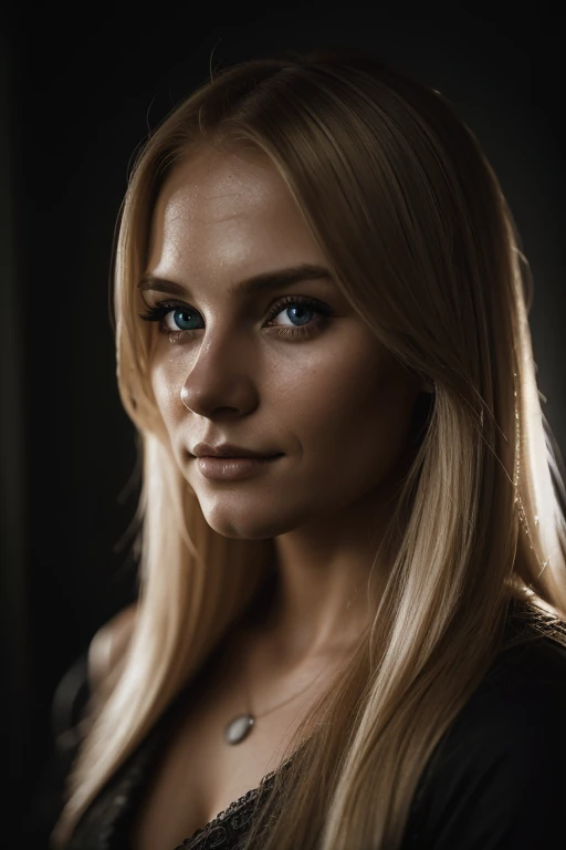 , editorial photograph of a 23 year old woman with long blonde hair), (highly detailed face:1.4) (smile:0.7) (background inside dark, moody, private study:1.3) POV, by lee jeffries, nikon d850, film stock photograph, camera f1.6 lens