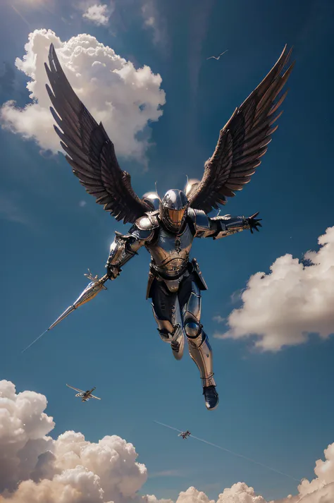 male angels in armor flying in a celestial sky, pintura digital, 8k, ultra realistic