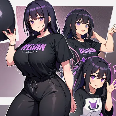 Big Girl with black hair and purple edges, a black worker shirt and black sweatpants