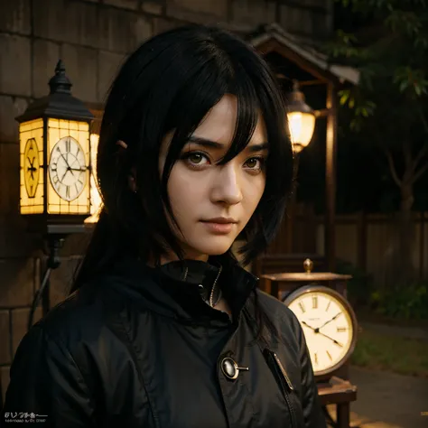 Character with anime features with black hair and yellow eyes with clocks on the iris showing 6 o&#39;clock, age 45 years in the village of Konoha