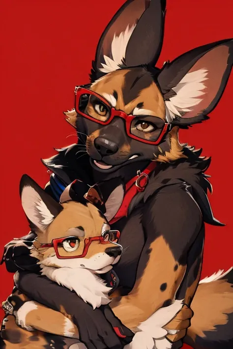 african wild dog wearing red glasses