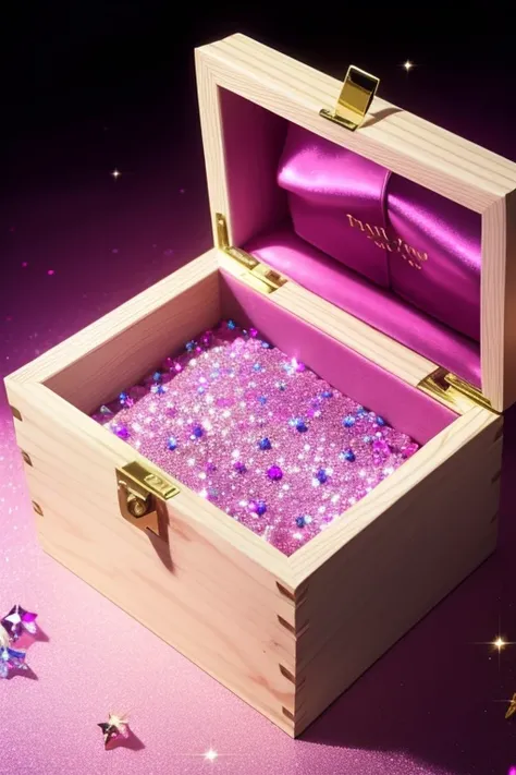 a wooden box stands on the floor, decorated with rhinestones and diamonds, sparkling diamonds, pink spots,a splash of colors, dim light, lots of details,close-up,