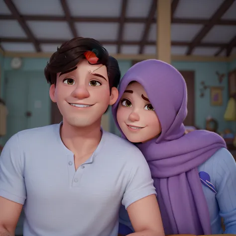 Casal (homem moreno e mulher branca) no estilo Disney Pixar, alta qualidade, melhor qualidade.