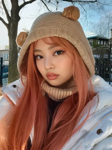 Arafa woman with red hair wearing hat and scarf, Lalisa Manobal, Parque Roseanne do Blackpink, Lalisa Manoban do Blackpink, ela tem cabelos longos e redorange, gemma chen, com longos cabelos ruivos, frio como gelo! 🧊, com cabelos ruivos, linda Delphine, co...