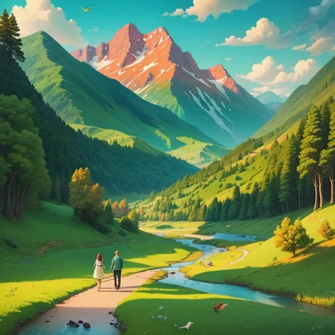 (digital painting),(best quality), (detailed), (illustration), (cartoonish), river flowing, green grass, clouds, small trees, vibrant colors, mountains covered with grass, couples walking, birds flying