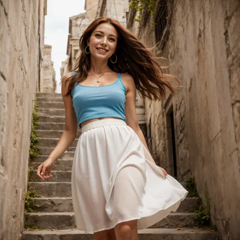 documentary photo of a gorgeous 50 years old redhead woman goes down the stairs in a alley of matera, (beautiful face:1.3), real...