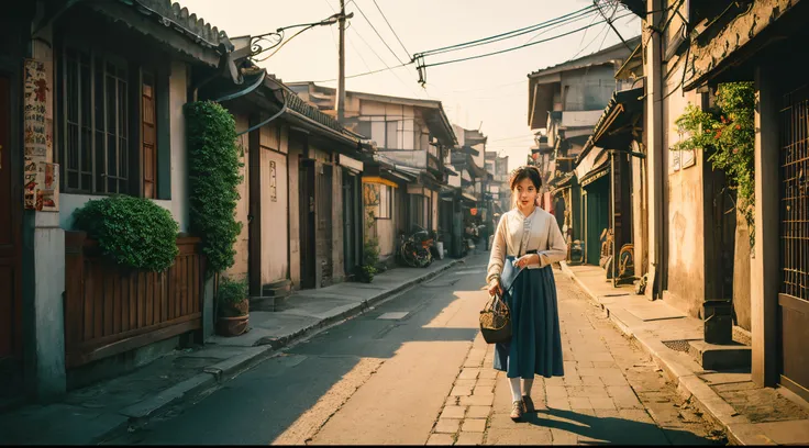 A girl at the entrance of an old Shanghai lane, surrounded by low, old houses with whitewashed walls covered in ivy. The girl, approximately 8 years old, stands at the entrance with her big eyes and high nose bridge, resembling someone from Xinjiang. The l...