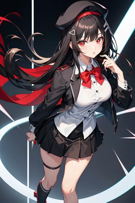 an anime girl, 1 person, black hair, hair clip on the right side of her bangs, black cap, light red eyes, white womens shirt, small light blue bow on the chest, office uniform, shirt  close-fitting, tight skirt, stockings,full body, big breasts, front view...