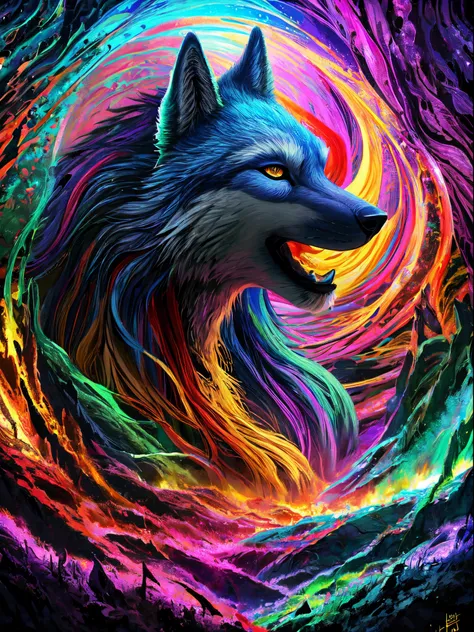 Mindblowing Art "wolf furry in a psychedelic and surreal world, ultra-detailed, with vibrant colors and lighting effects, creating a masterpiece with 8k and 4k resolution. furry wolf is depicted with intricate details, merging with the surroundings seamles...