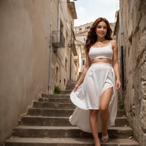 (yes nsfw), documentary photo of a gorgeous 50 years old redhead woman goes down the stairs in a alley of matera, (beautiful fac...