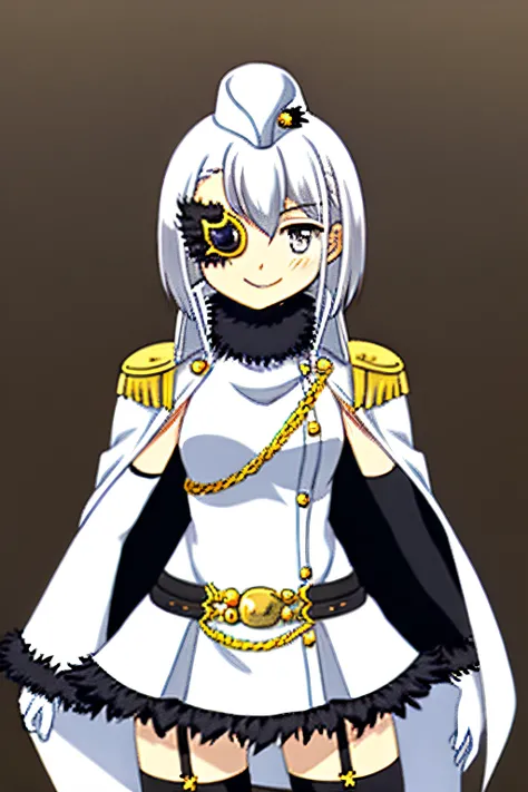 MGRCNAGITAN, WHITE HAIR, GREY EYES, GOLDEN MONOCLE ON RIGHT EYE, ONE EYE COVERED, WHITE SLEEVELESS DRESS WITH FUR EDGINGS, WHITE CLOAK WITH HIGH COLLAR, WHITE LONG SLEEVES WITH FUR EDGINGS, GOLDEN EPOLETS, BLACK BELT WITH GOLDEN BUCKLE, WHITE GARRISON CAP,...