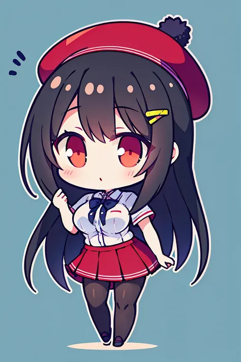 an anime girl, 1 person, black hair, hair clip on the right side of her bangs,hat, light red eyes, white womens shirt, small light blue bow on the chest, office uniform, shirt  close-fitting, tight skirt, stockings,chibi,full body, big breasts, front view,...