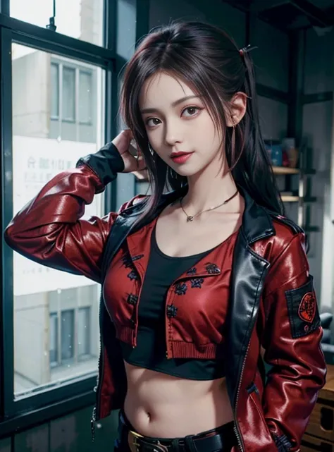 Young Girl, black and red short hair, High Ponytail, Gray eyes, ssmile, open belly, black trousers, Red jacket, tie, a belt, chains, Tattoos, iron gauntlet, face tattoos, masutepiece, hiquality, 4K, hard disk, good detail