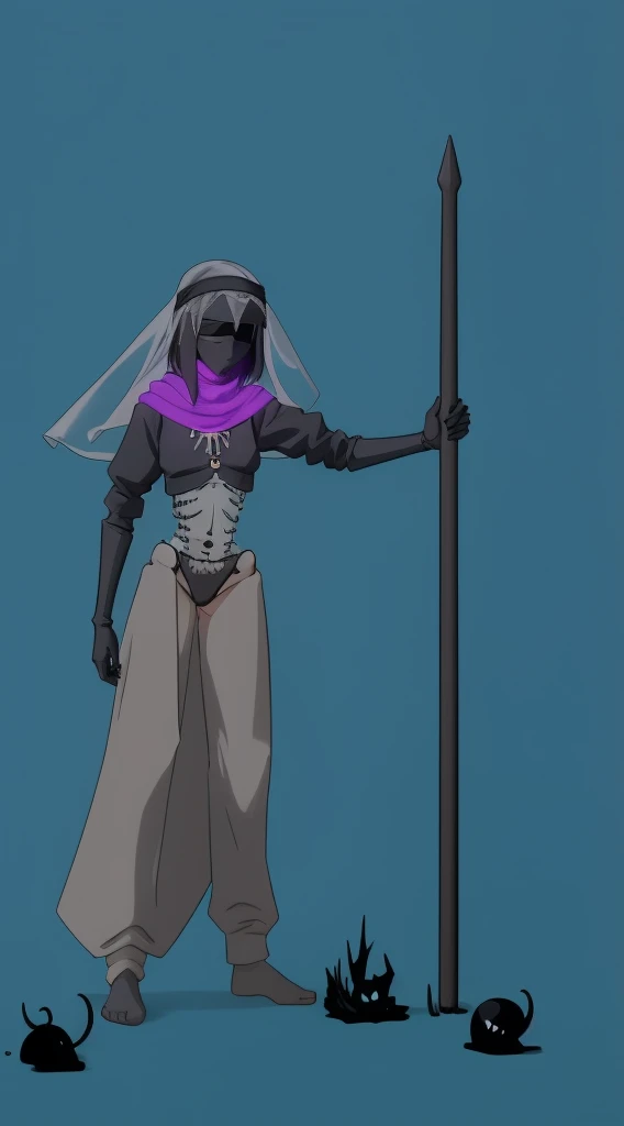 (masterpiece), best quality, detailed very Thin girl, black skin, headgear black simagh, black blindfold, detailed skeleton mask, full body, long black pants, half naked, black purple slime, holding spear, monster, cripple, no skeleton body