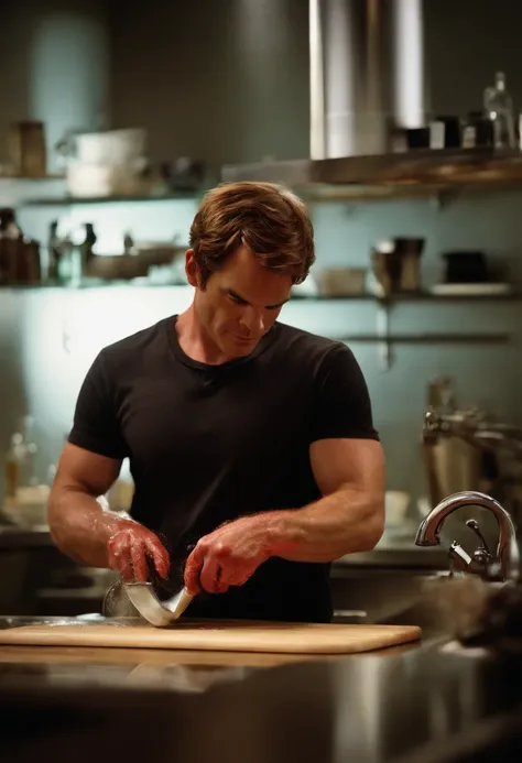 A photo of Dexter carefully cleaning and sanitizing his kill tools,original,michael c hall, male