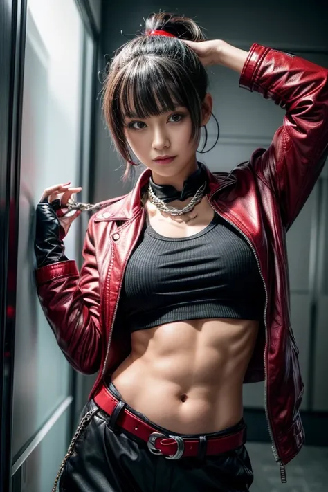 young girl, black and red short hair, high ponytail, gray eyes, ssmile, open belly, black trousers, red jacket, tie, a belt, cha...